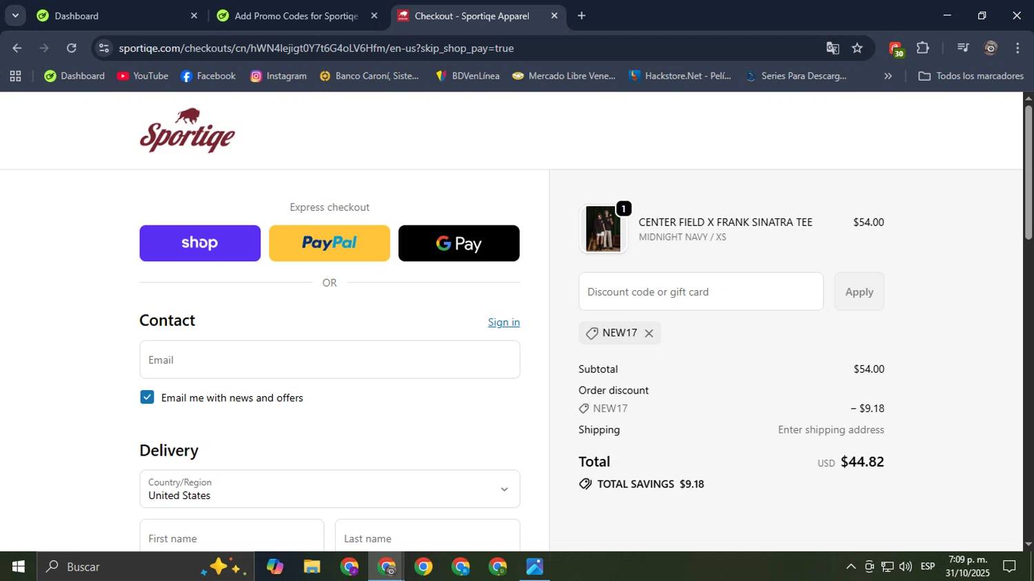 Sportiqe coupon code screenshot showing code NEW17 applied at Sportiqe checkout page. Uploaded by SimplyCodes community member Mroctober06 on Oct 31, 2025