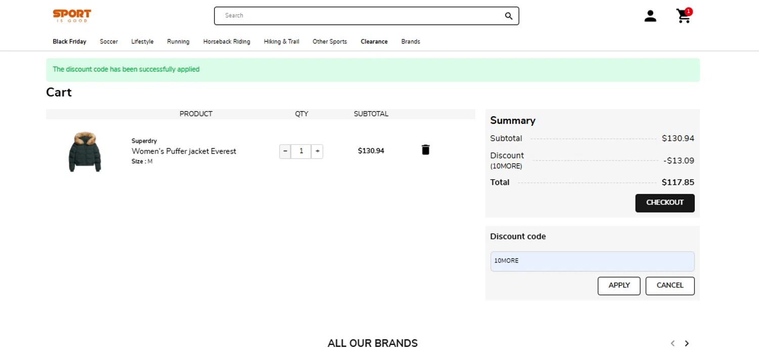 Sport is Good discount code screenshot showing code 10MORE applied at Sport is Good checkout page. Uploaded by SimplyCodes community member Aressss on Nov 25, 2025