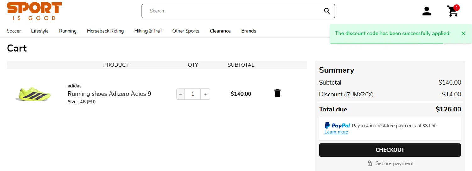 Sport is Good promo code screenshot showing code I7UMX2CX applied at Sport is Good checkout page. Uploaded by SimplyCodes community member SilverMakeup on Jun 4, 2026