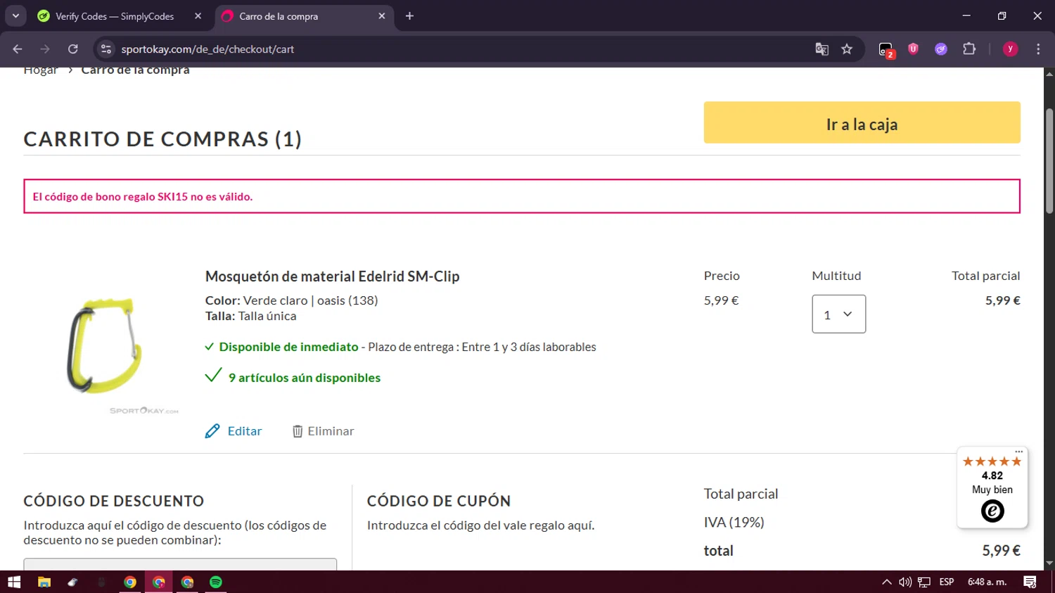SportOkay discount code screenshot showing code SKI15 applied at SportOkay checkout page. Uploaded by SimplyCodes community member ValiantFox2134 on Dec 28, 2025