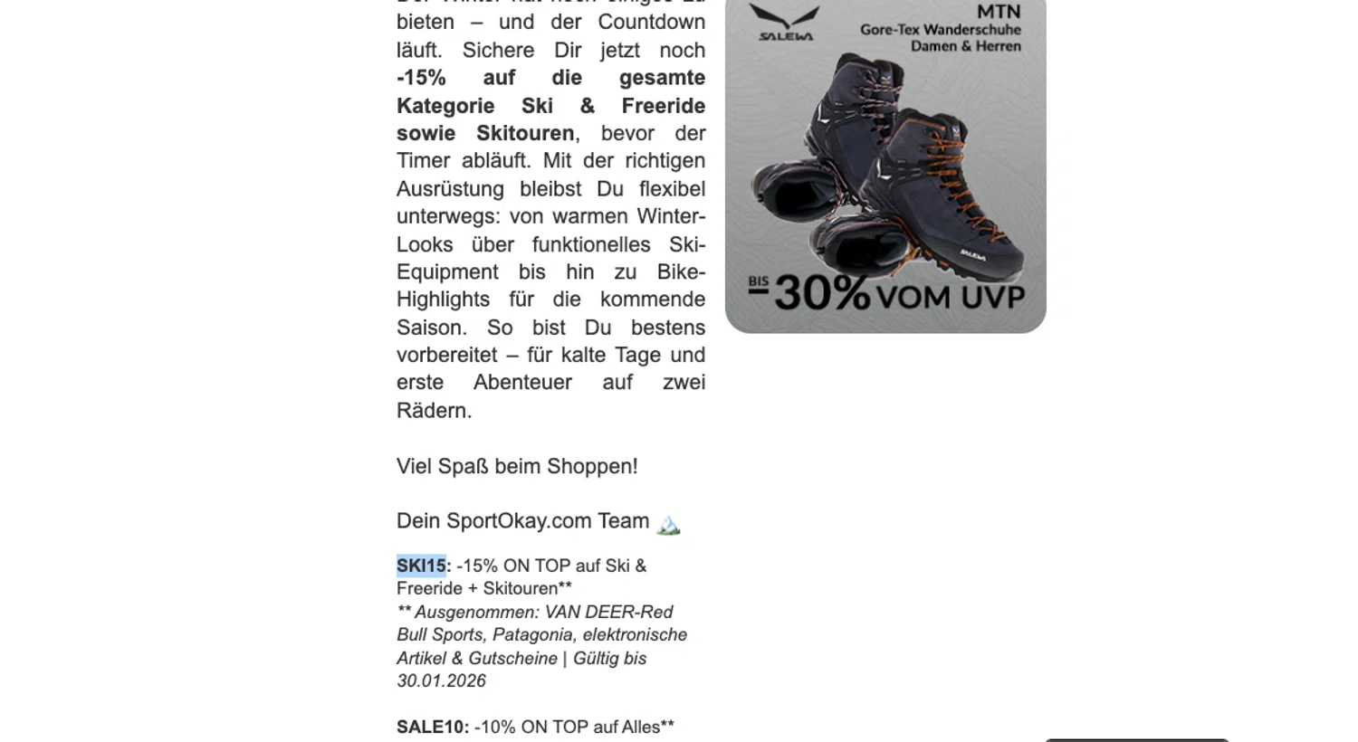 SportOkay discount code screenshot showing code SKI15 applied at SportOkay checkout page. Uploaded by SimplyCodes community member ELOIN777 on Jan 30, 2026