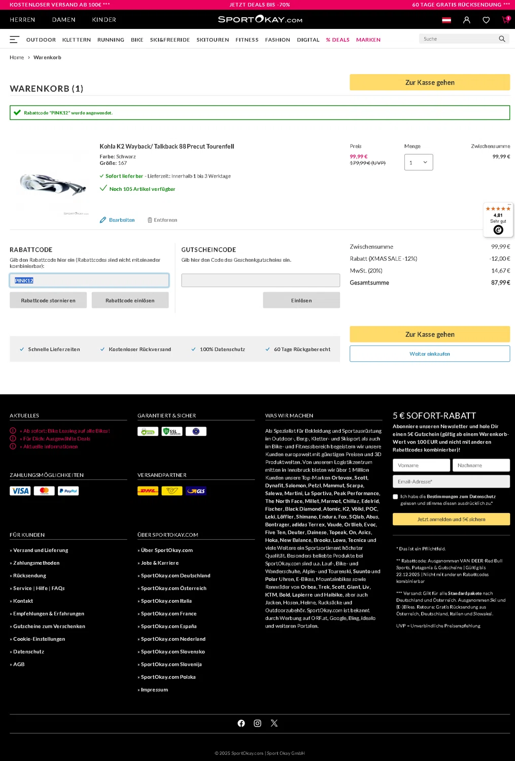 SportOkay discount code screenshot showing code PINK12 applied at SportOkay checkout page. Uploaded by SimplyCodes community member Serdanvz on Dec 20, 2025