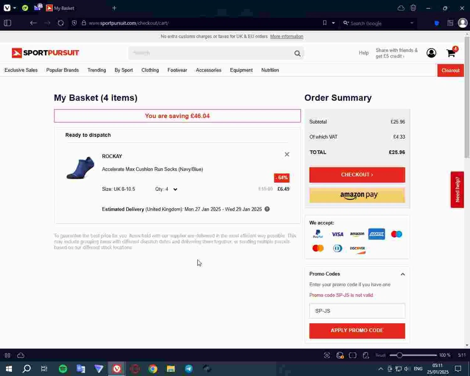 SportPursuit promo code screenshot showing code SP-JS applied at SportPursuit checkout page. Uploaded by SimplyCodes community member Deadpool on Jan 25, 2025