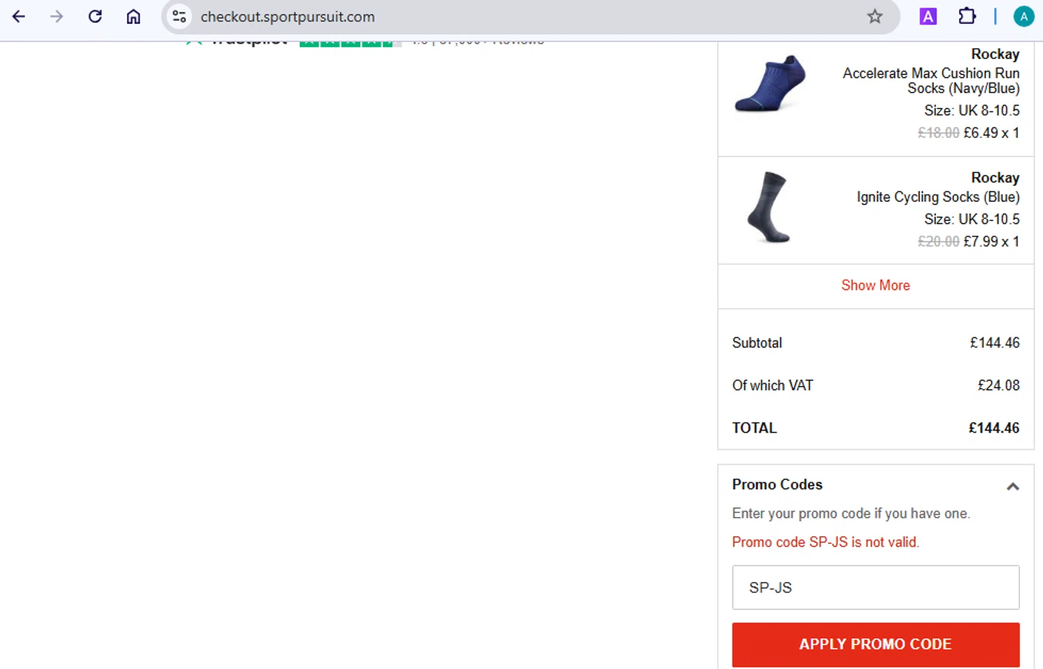 SportPursuit promo code screenshot showing code SP-JS applied at SportPursuit checkout page. Uploaded by SimplyCodes community member CoinGuardian4017 on Jan 25, 2025