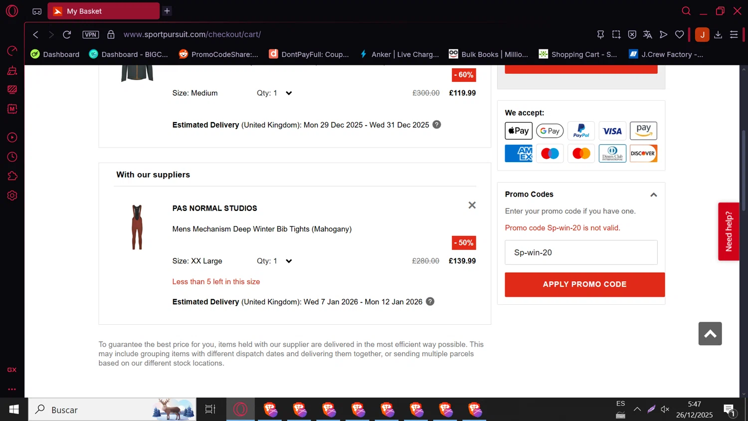 SportPursuit promo code screenshot showing code Sp-win-20 applied at SportPursuit checkout page. Uploaded by SimplyCodes community member DiscountMonarch2312 on Dec 26, 2025