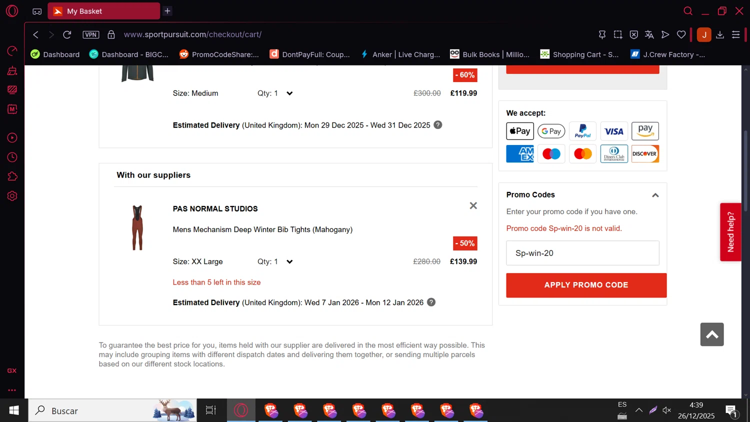 SportPursuit promo code screenshot showing code Sp-win-20 applied at SportPursuit checkout page. Uploaded by SimplyCodes community member elizabethjames on Dec 26, 2025