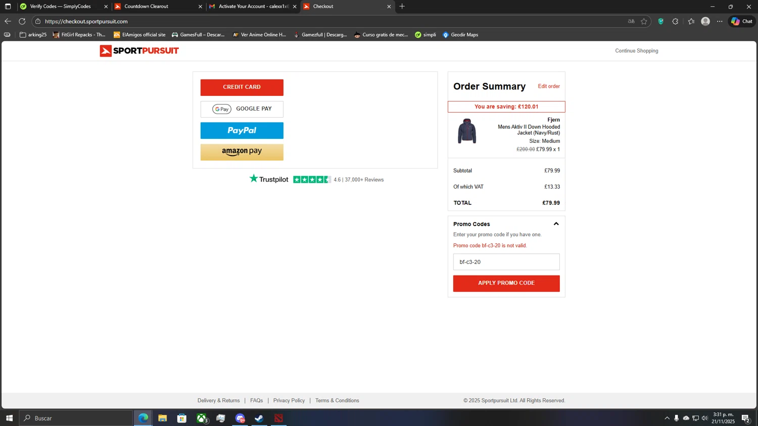 SportPursuit promo code screenshot showing code bf-c3-20 applied at SportPursuit checkout page. Uploaded by SimplyCodes community member CoinLegend5168 on Nov 21, 2025