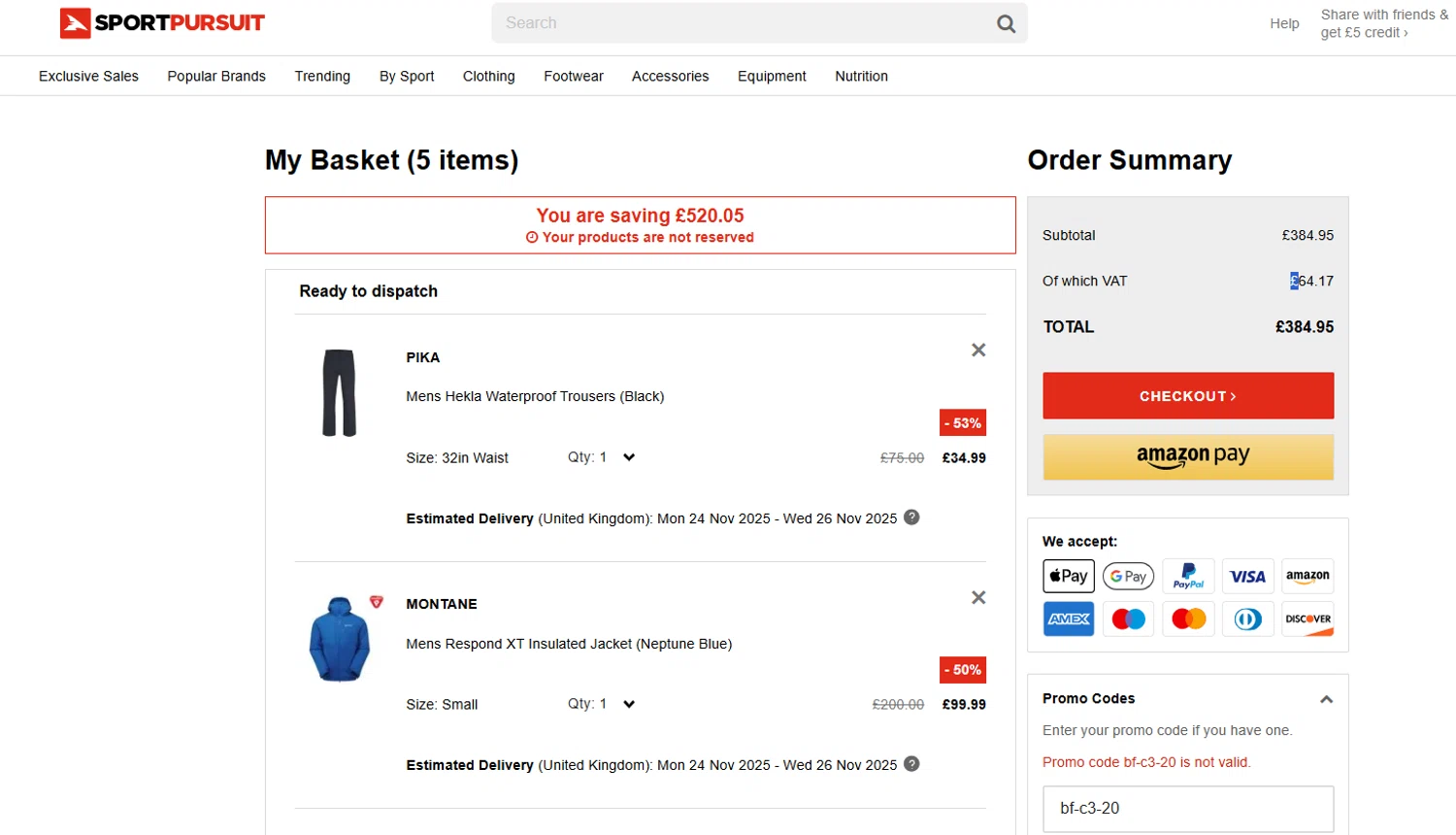 SportPursuit promo code screenshot showing code bf-c3-20 applied at SportPursuit checkout page. Uploaded by SimplyCodes community member Gray_75 on Nov 21, 2025
