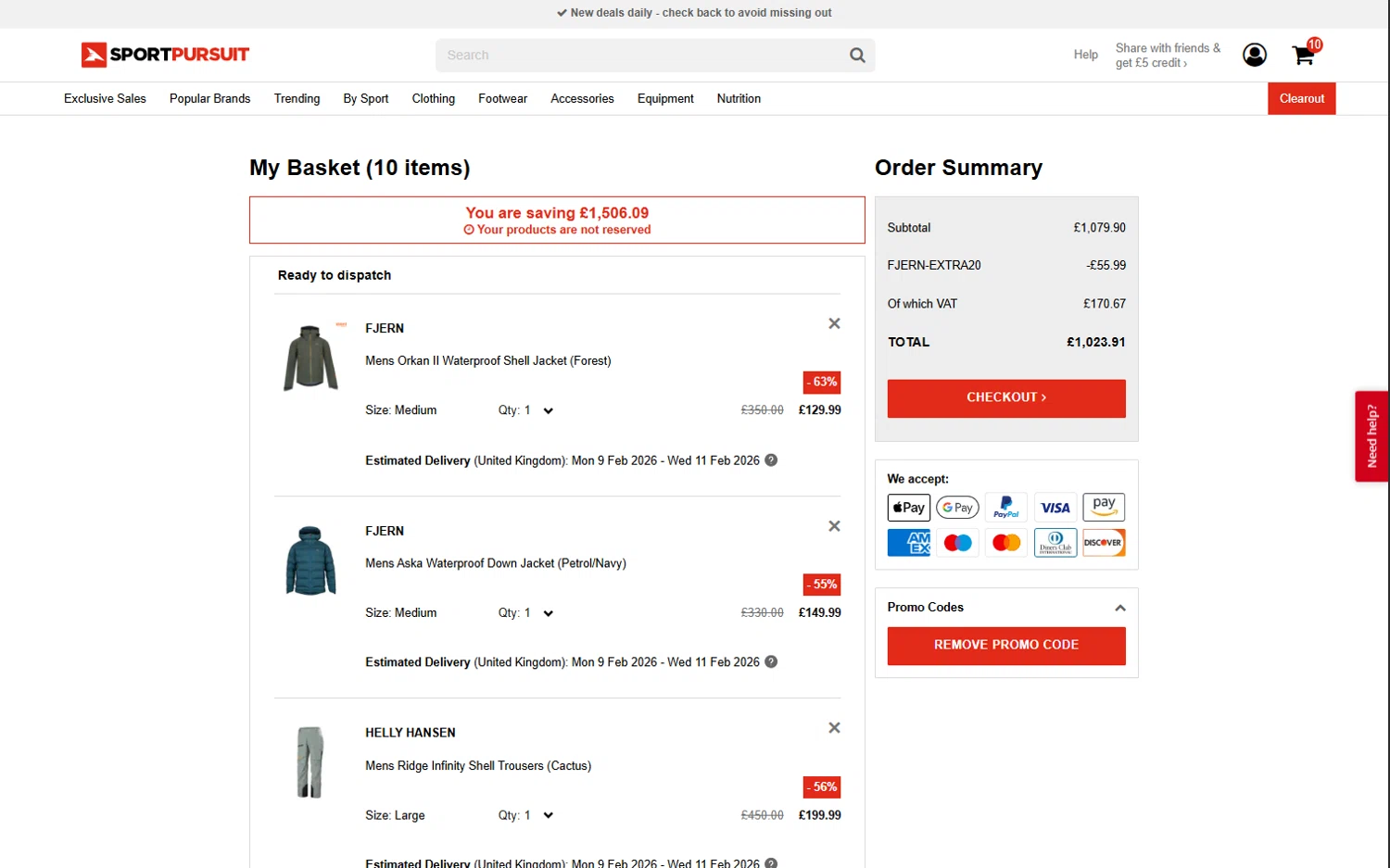 SportPursuit checkout page showing SportPursuit promo code box | Screenshot taken by SimplyCodes community member on Feb 6, 2026