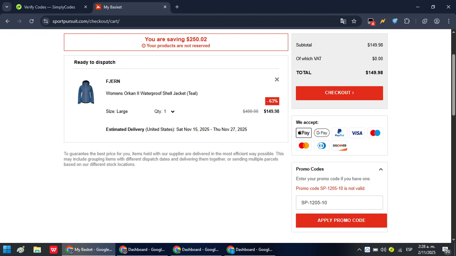 SportPursuit promo code screenshot showing code SP-1205-10 applied at SportPursuit checkout page. Uploaded by SimplyCodes community member RebateRanger5627 on Nov 2, 2025