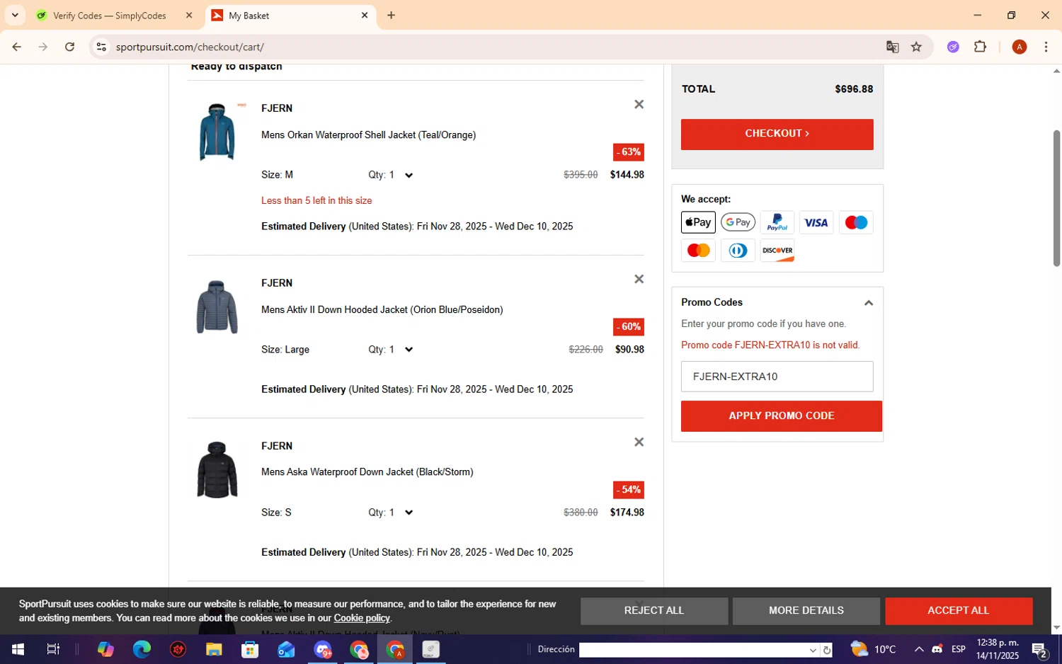 SportPursuit promo code screenshot showing code FJERN-EXTRA10 applied at SportPursuit checkout page. Uploaded by SimplyCodes community member CryBabyy on Nov 14, 2025