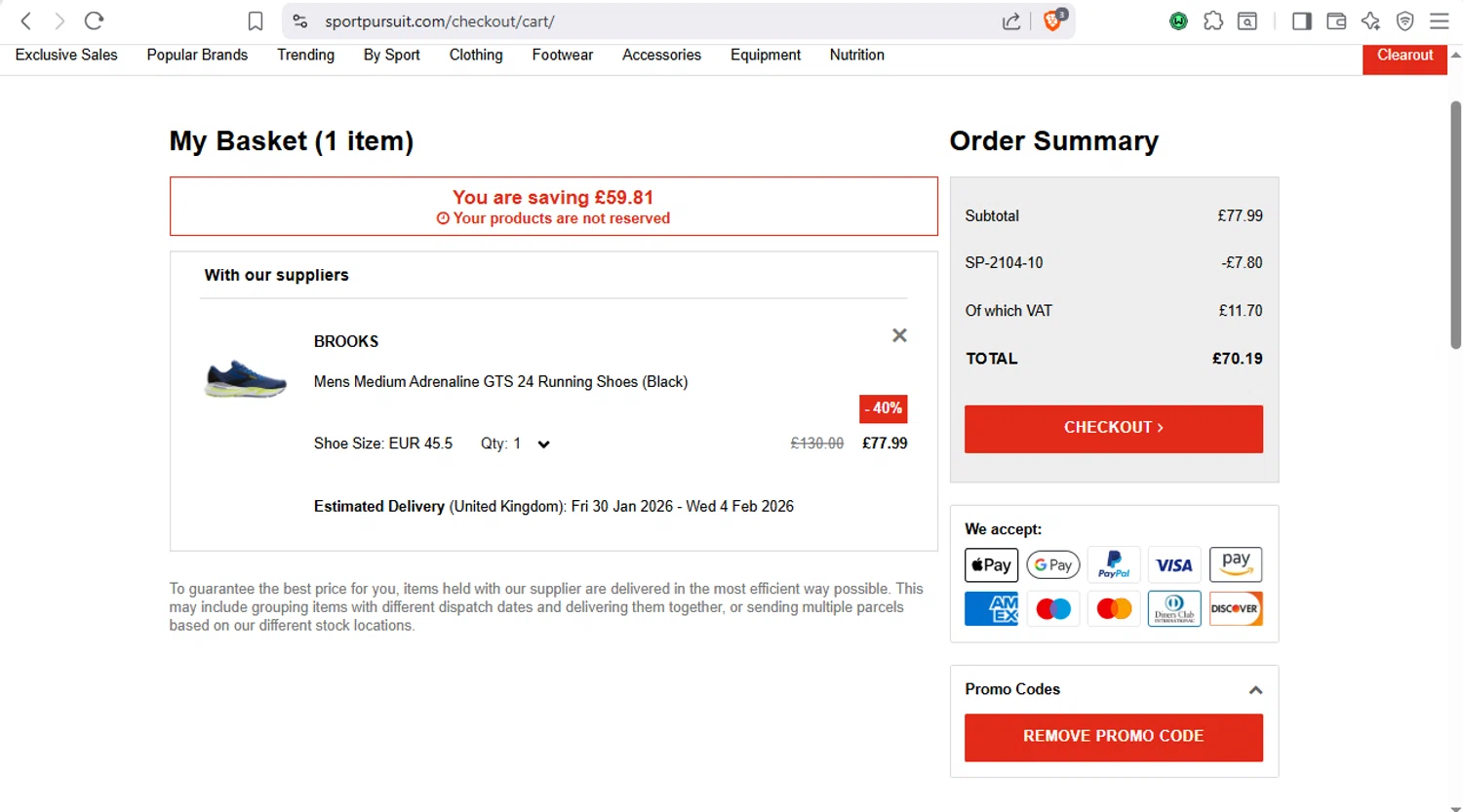 SportPursuit checkout page showing SportPursuit promo code box | Screenshot taken by SimplyCodes community member on Jan 24, 2026