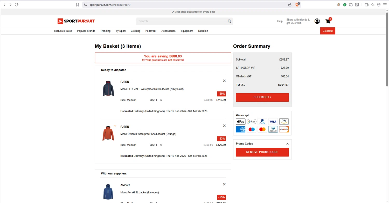SportPursuit checkout page showing SportPursuit promo code box | Screenshot taken by SimplyCodes community member on Feb 10, 2026