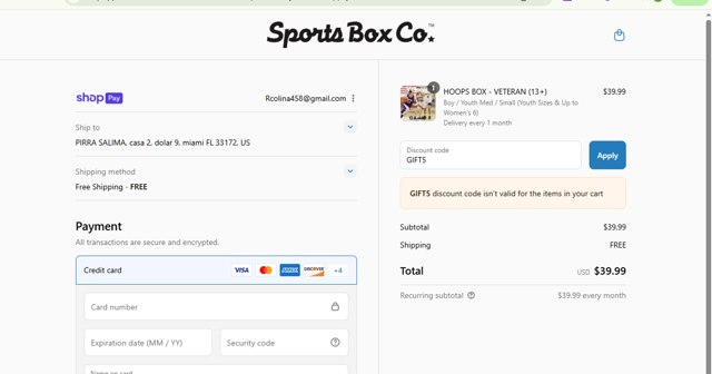 Sports Box Co. checkout page showing Sports Box Co. promo code box | Screenshot taken by SimplyCodes community member on Aug 25, 2025