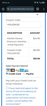 Sports Card Investor coupon verification screenshot