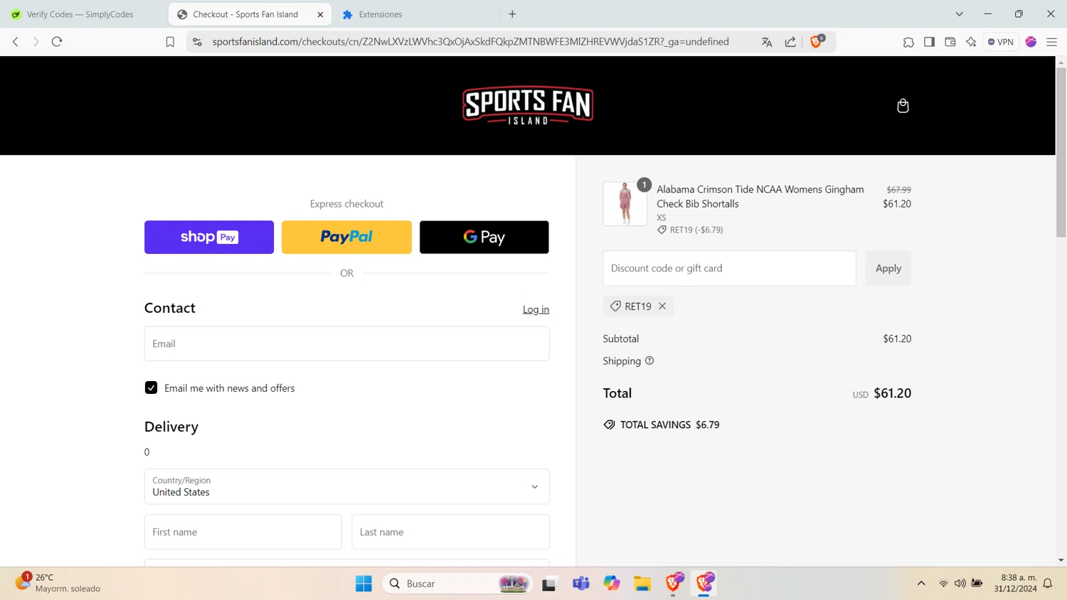 Sports Fan Island discount code screenshot showing code ret19 applied at Sports Fan Island checkout page. Uploaded by SimplyCodes community member nabucodonosor on Dec 31, 2024