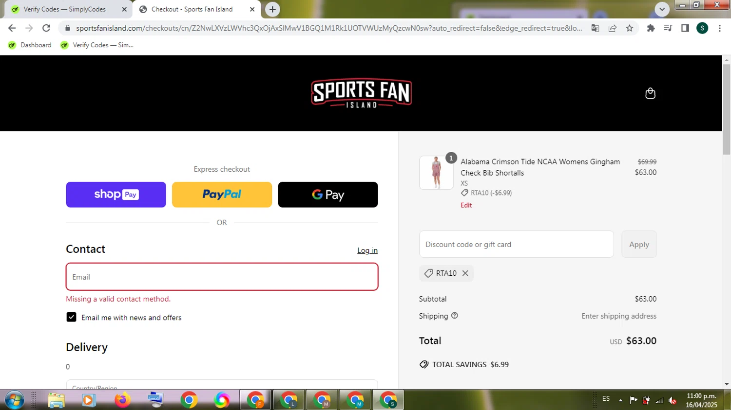 Sports Fan Island discount code screenshot showing code rta10 applied at Sports Fan Island checkout page. Uploaded by SimplyCodes community member PromoExpert3105 on Apr 17, 2025