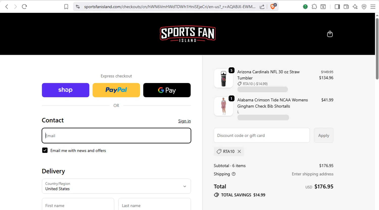 Sports Fan Island discount code screenshot showing code rta10 applied at Sports Fan Island checkout page. Uploaded by SimplyCodes community member dayselis15 on Dec 16, 2025
