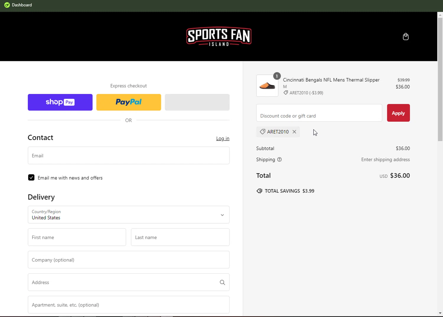 Sports Fan Island discount code screenshot showing code ARET2010 applied at Sports Fan Island checkout page. Uploaded by SimplyCodes community member winterbear on Jan 13, 2025