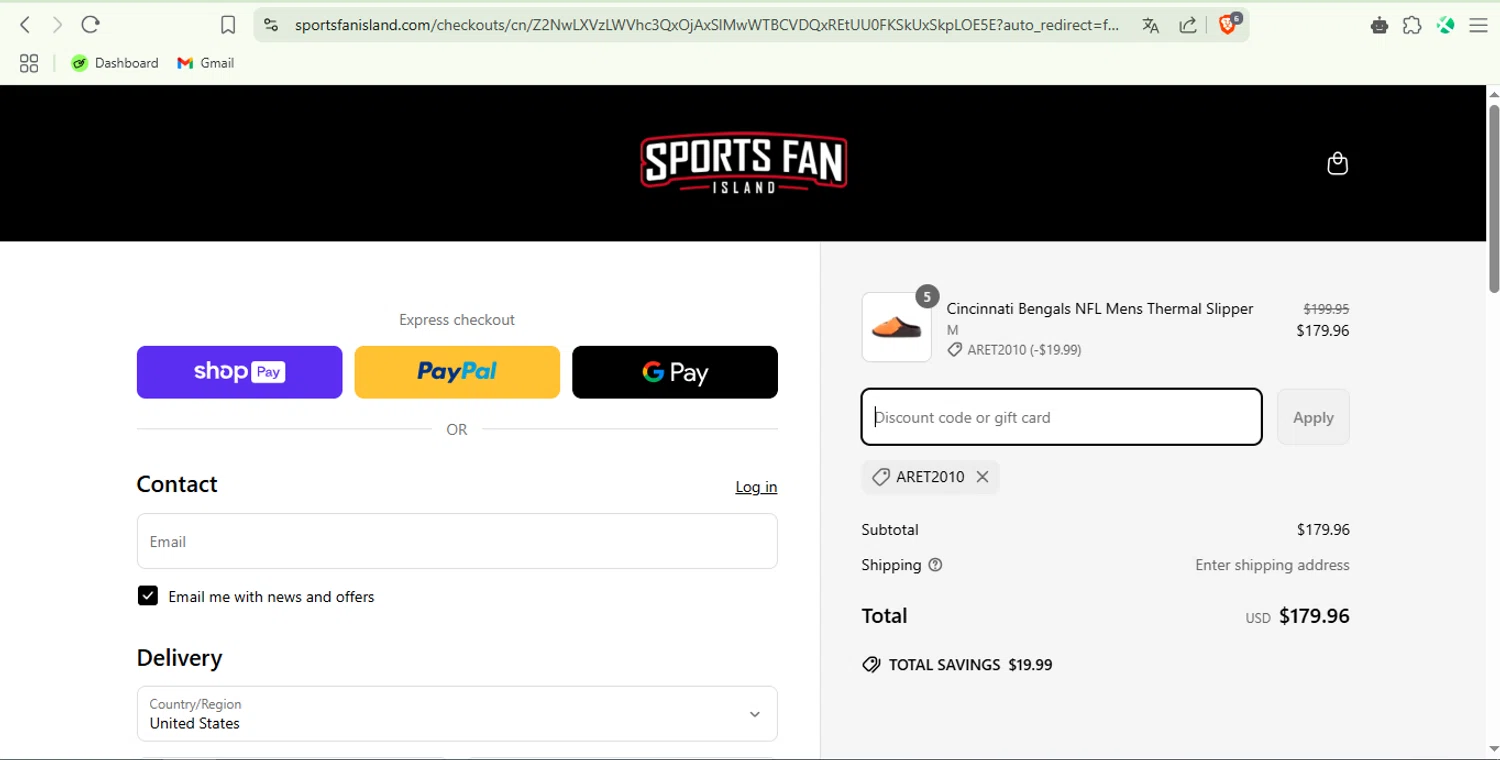 Sports Fan Island discount code screenshot showing code ARET2010 applied at Sports Fan Island checkout page. Uploaded by SimplyCodes community member jairomalkovich on Apr 17, 2025