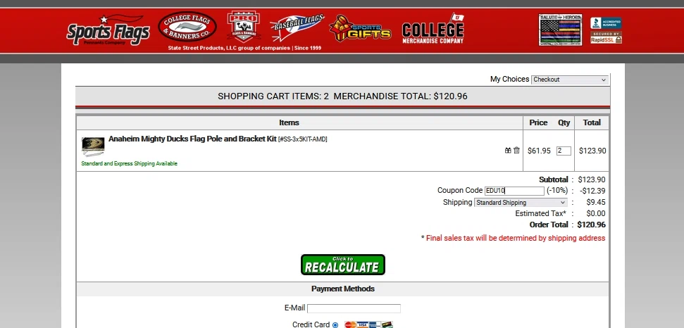 Sports Flags & Pennants checkout page showing Sports Flags & Pennants coupon code box | Screenshot taken by SimplyCodes community member on Nov 17, 2021