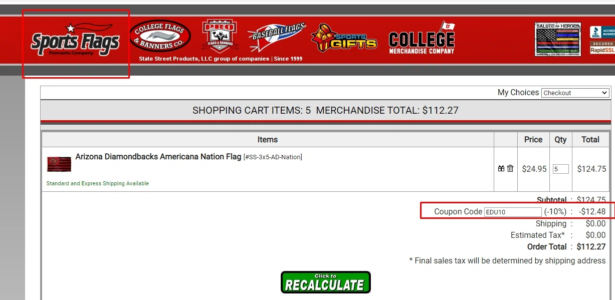 Sports Flags & Pennants checkout page showing Sports Flags & Pennants coupon code box | Screenshot taken by SimplyCodes community member on Apr 25, 2021