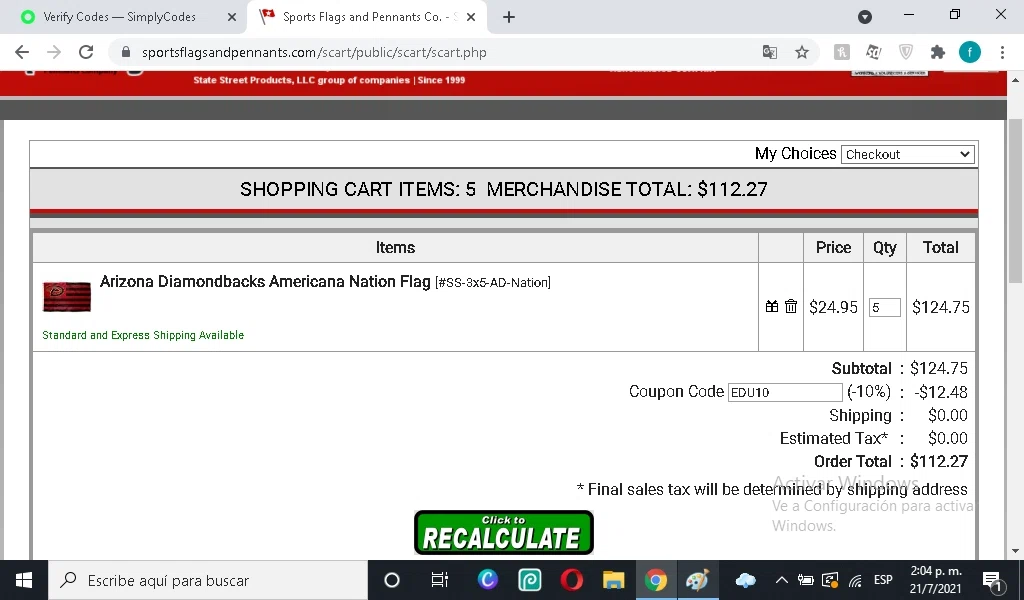 Sports Flags & Pennants checkout page showing Sports Flags & Pennants coupon code box | Screenshot taken by SimplyCodes community member on Jul 21, 2021