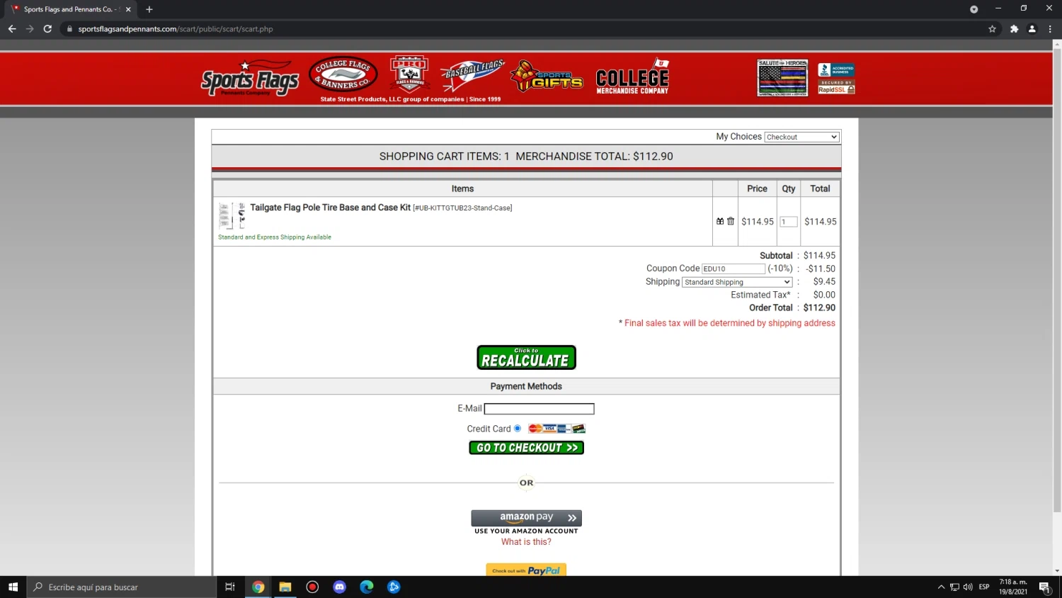 Sports Flags & Pennants checkout page showing Sports Flags & Pennants coupon code box | Screenshot taken by SimplyCodes community member on Aug 19, 2021