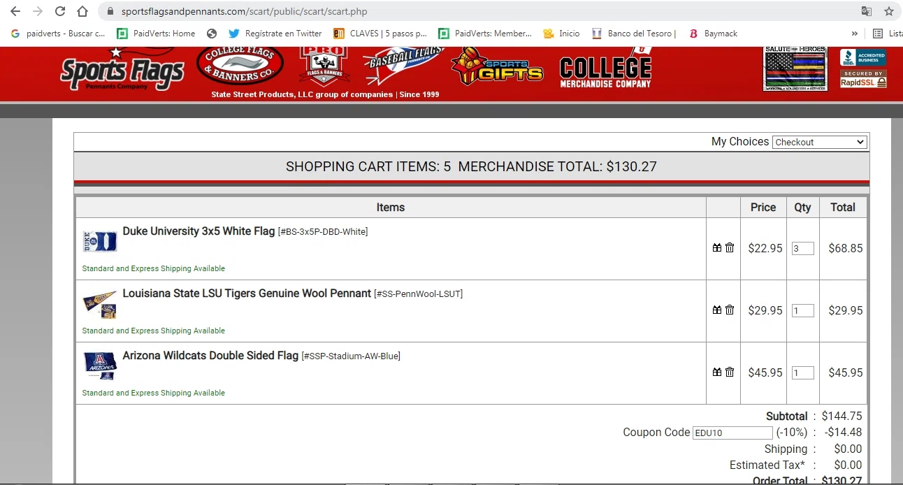 Sports Flags & Pennants checkout page showing Sports Flags & Pennants coupon code box | Screenshot taken by SimplyCodes community member on Apr 30, 2021
