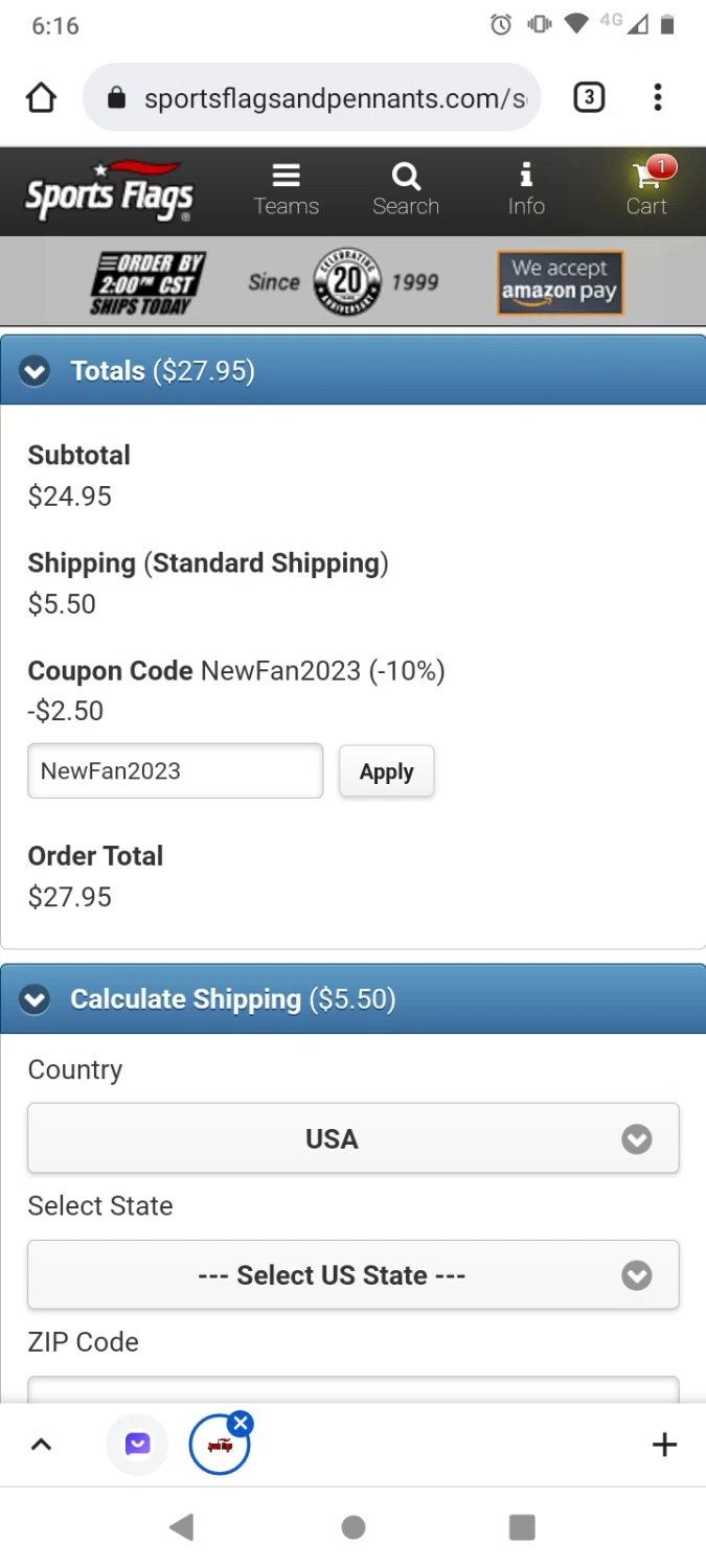 Sports Flags & Pennants checkout page showing Sports Flags & Pennants coupon code box | Screenshot taken by SimplyCodes community member on Aug 24, 2023