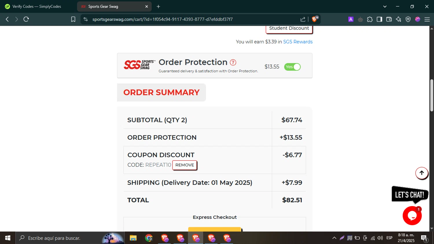 Sports Gear Swag coupon code screenshot showing code REPEAT10 applied at Sports Gear Swag checkout page. Uploaded by SimplyCodes community member SwiftTracker9305 on Apr 21, 2025