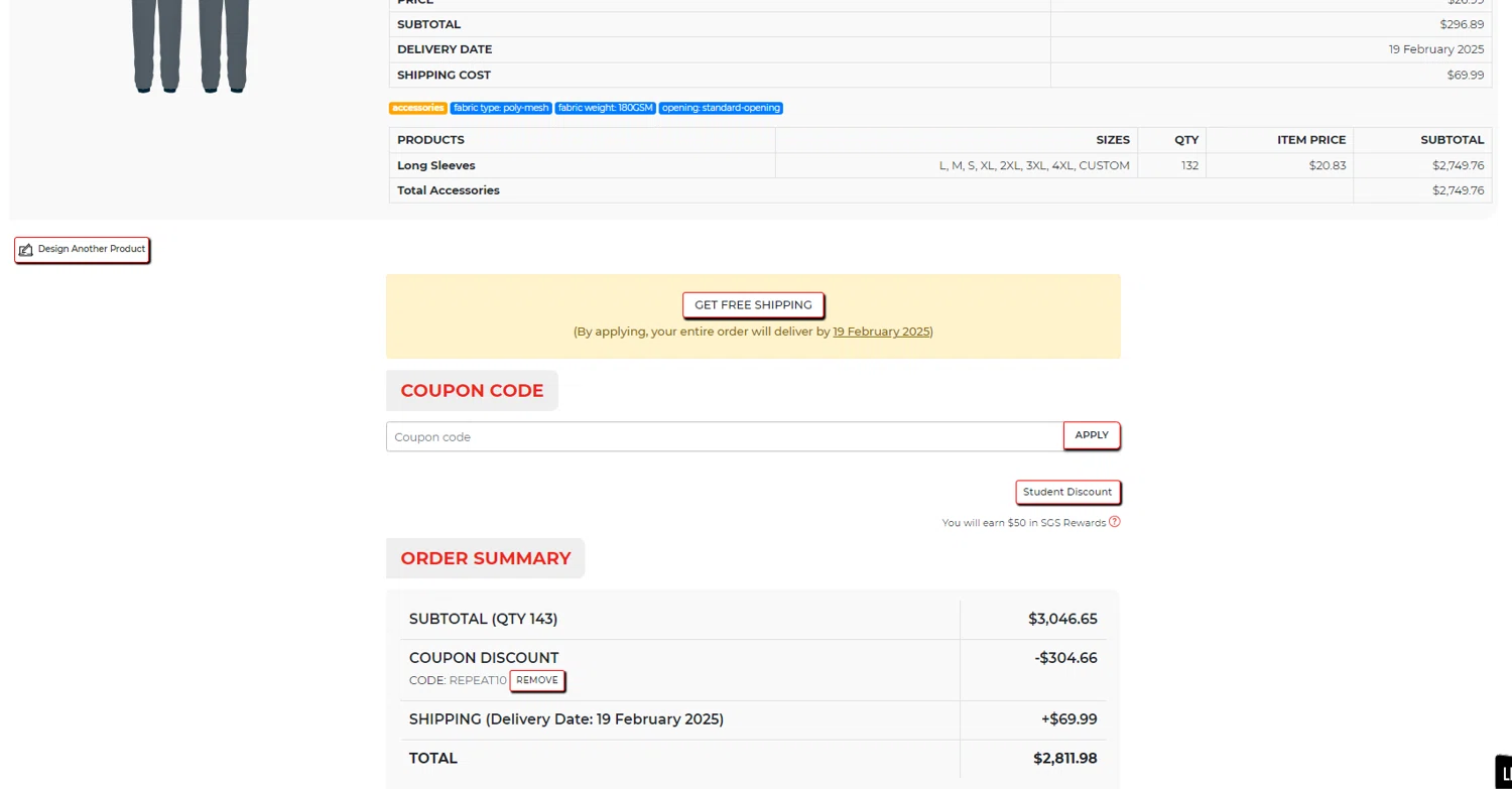Sports Gear Swag coupon code screenshot showing code REPEAT10 applied at Sports Gear Swag checkout page. Uploaded by SimplyCodes community member AliceLidell on Feb 6, 2025