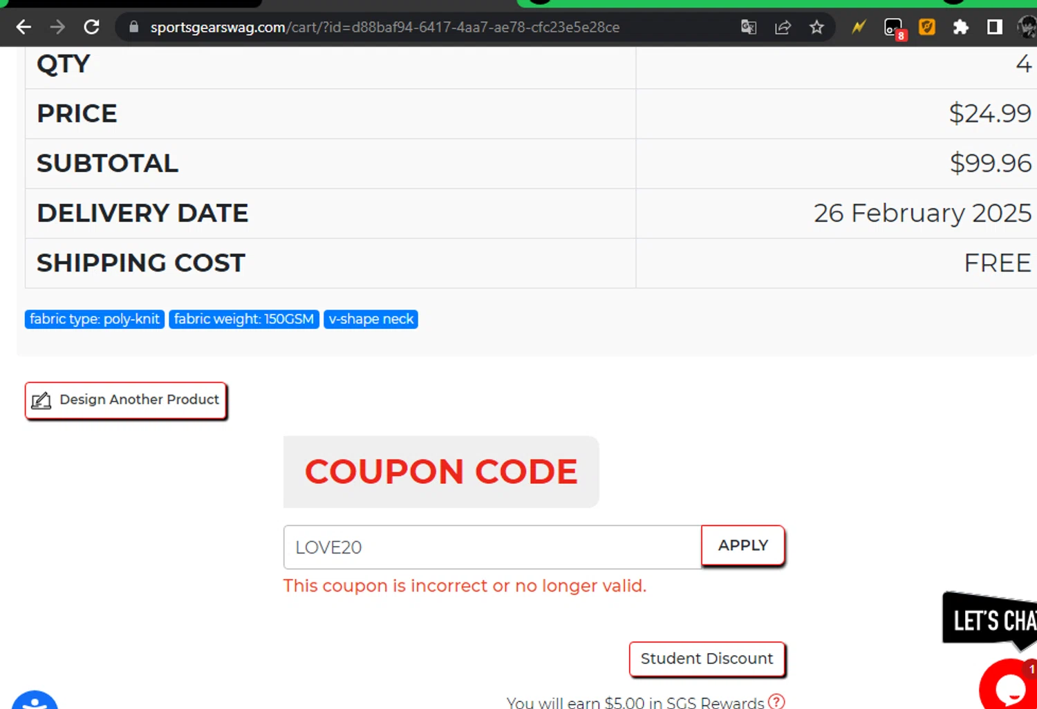 Sports Gear Swag coupon code screenshot showing code LOVE20 applied at Sports Gear Swag checkout page. Uploaded by SimplyCodes community member ArizaJesus on Feb 18, 2025