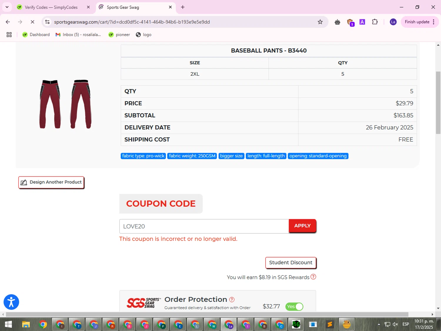 Sports Gear Swag coupon code screenshot showing code LOVE20 applied at Sports Gear Swag checkout page. Uploaded by SimplyCodes community member VictoriousSentinel1514 on Feb 18, 2025