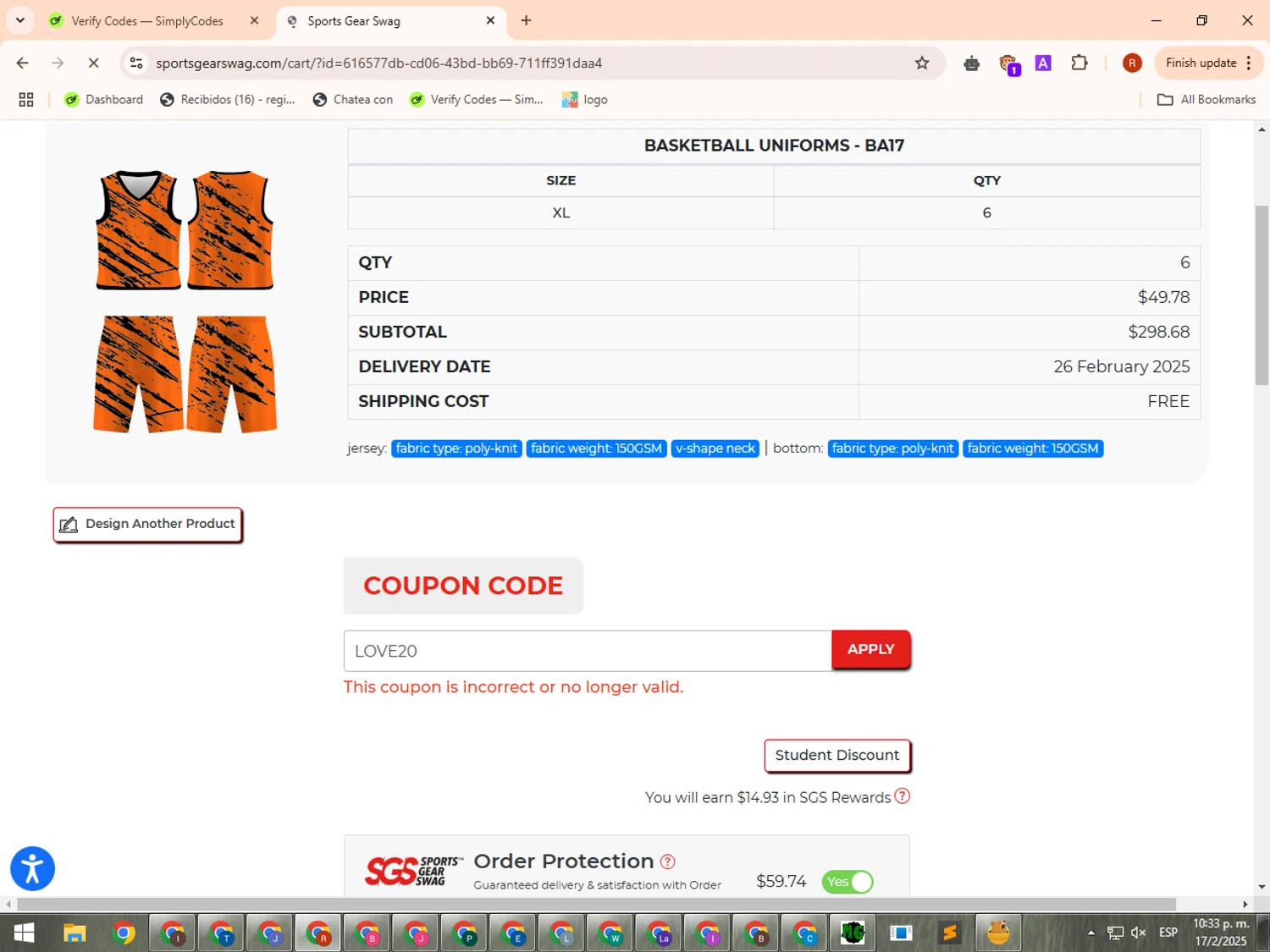 Sports Gear Swag coupon code screenshot showing code LOVE20 applied at Sports Gear Swag checkout page. Uploaded by SimplyCodes community member QuestKnight8819 on Feb 18, 2025
