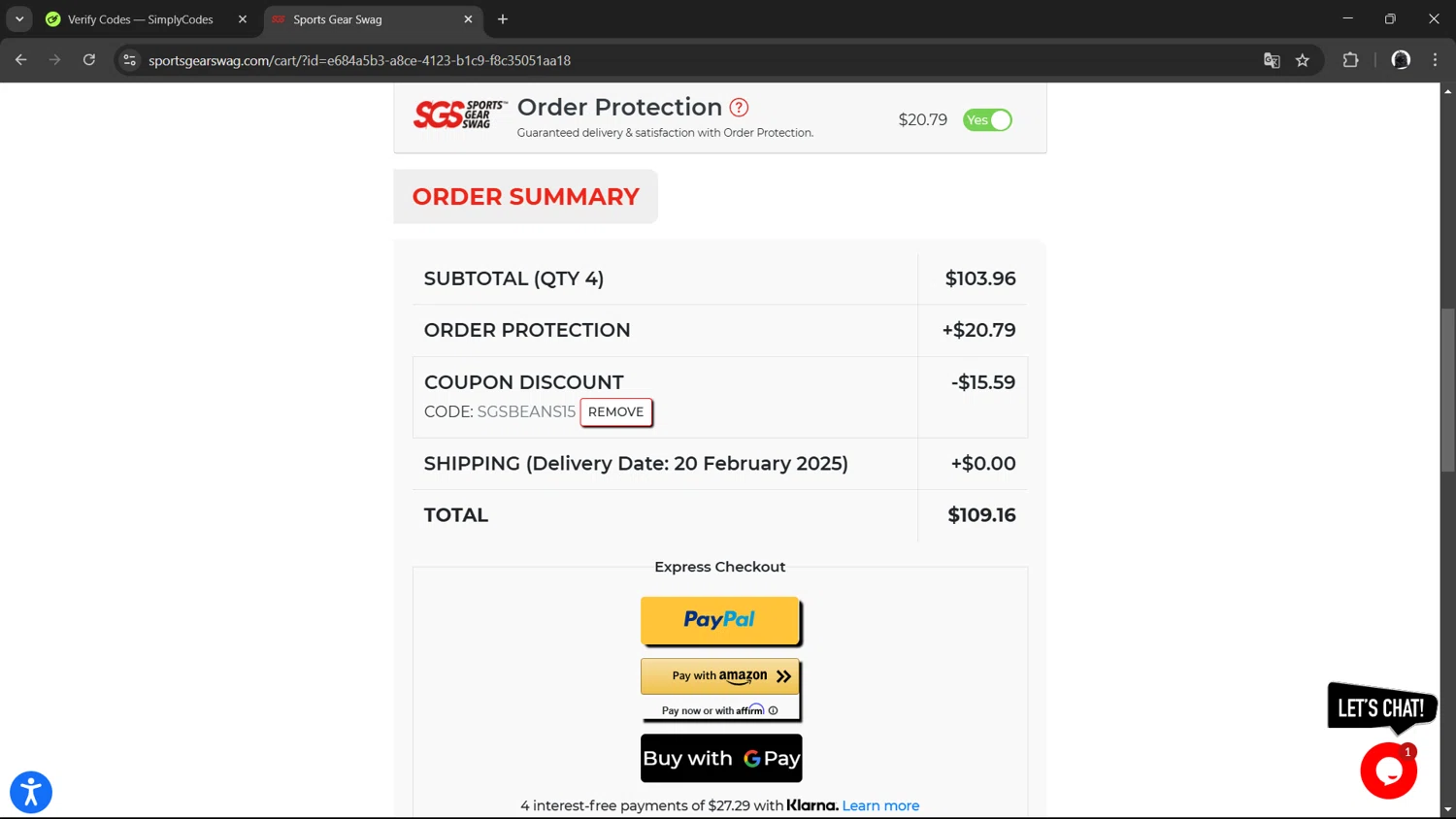 Sports Gear Swag coupon code screenshot showing code SGSBeans15 applied at Sports Gear Swag checkout page. Uploaded by SimplyCodes community member RedGuy on Feb 7, 2025