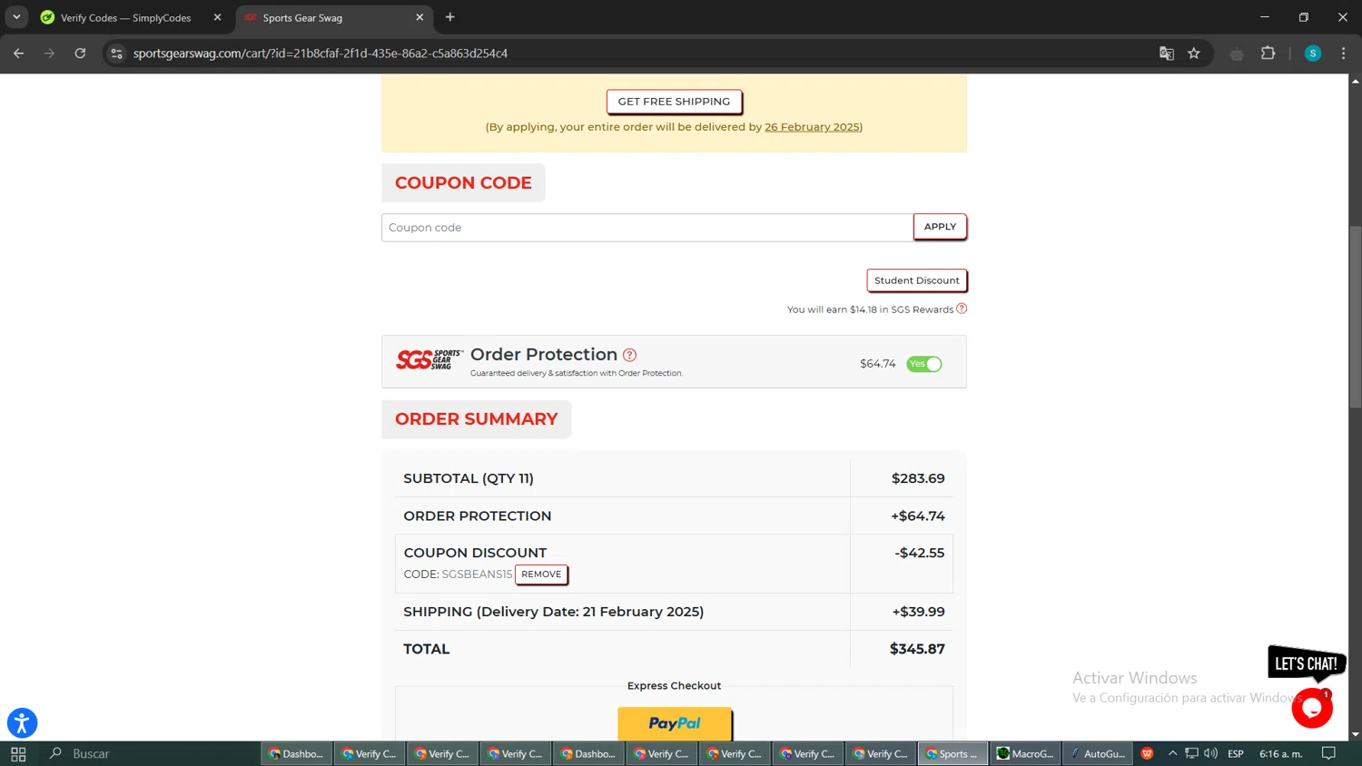 Sports Gear Swag coupon code screenshot showing code SGSBeans15 applied at Sports Gear Swag checkout page. Uploaded by SimplyCodes community member WonderAce9066 on Feb 18, 2025