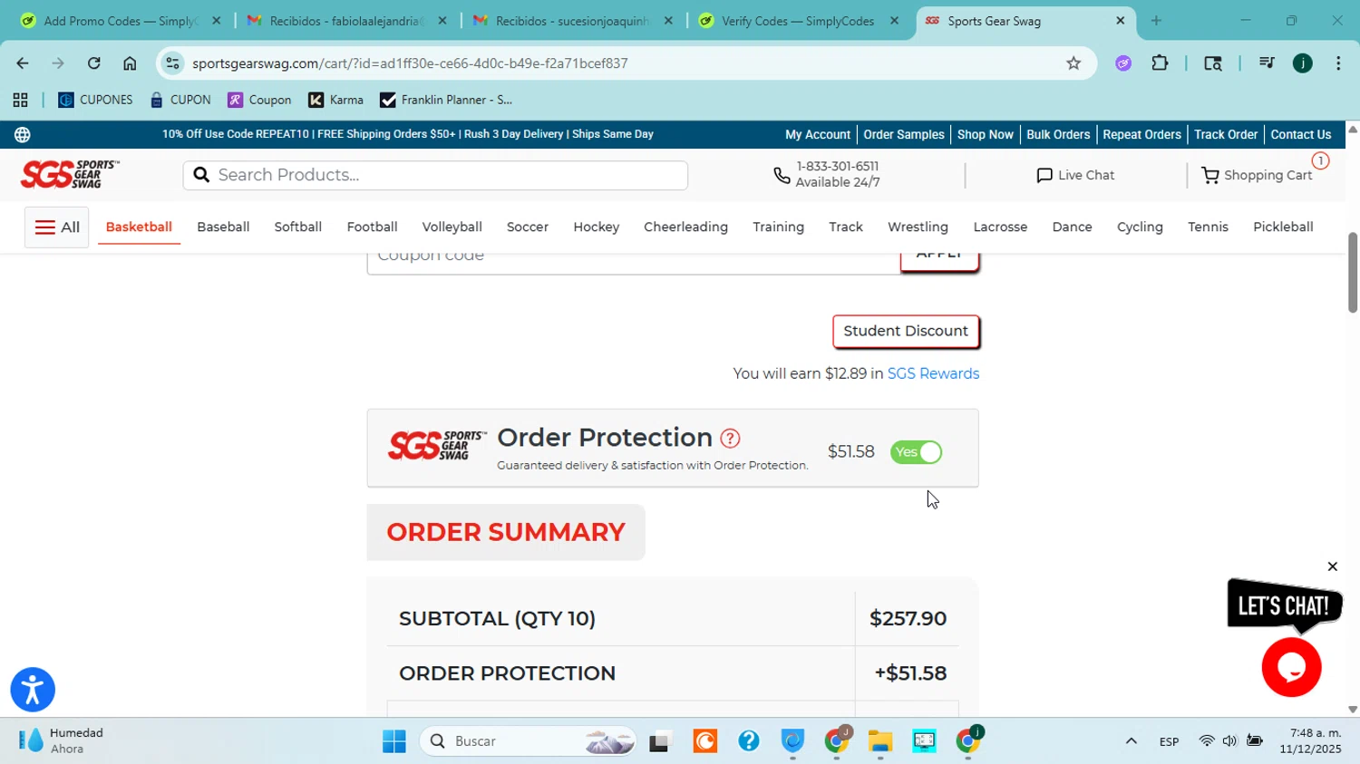 Sports Gear Swag coupon code screenshot showing code SGSBeans15 applied at Sports Gear Swag checkout page. Uploaded by SimplyCodes community member jorgejavierherrera on Dec 11, 2025