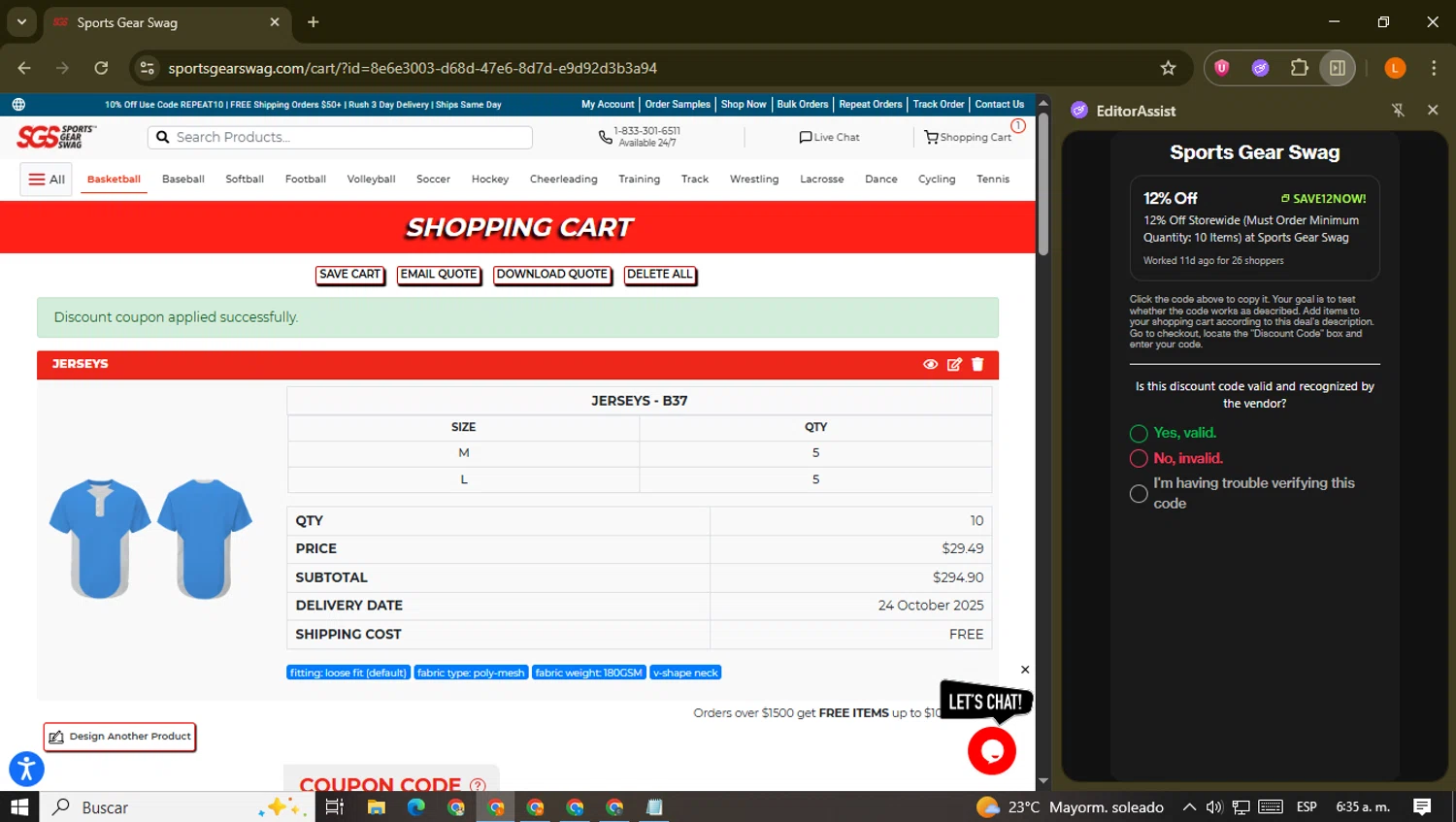 Sports Gear Swag coupon code screenshot showing code save12now! applied at Sports Gear Swag checkout page. Uploaded by SimplyCodes community member PrimeCaptain3418 on Oct 15, 2025