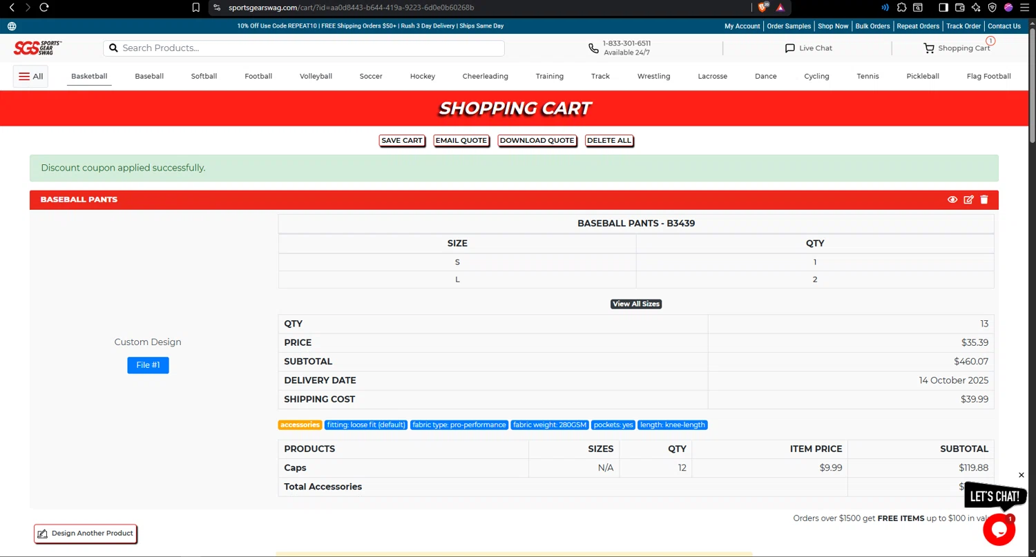 Sports Gear Swag coupon code screenshot showing code save12now! applied at Sports Gear Swag checkout page. Uploaded by SimplyCodes community member leonardjose on Oct 4, 2025