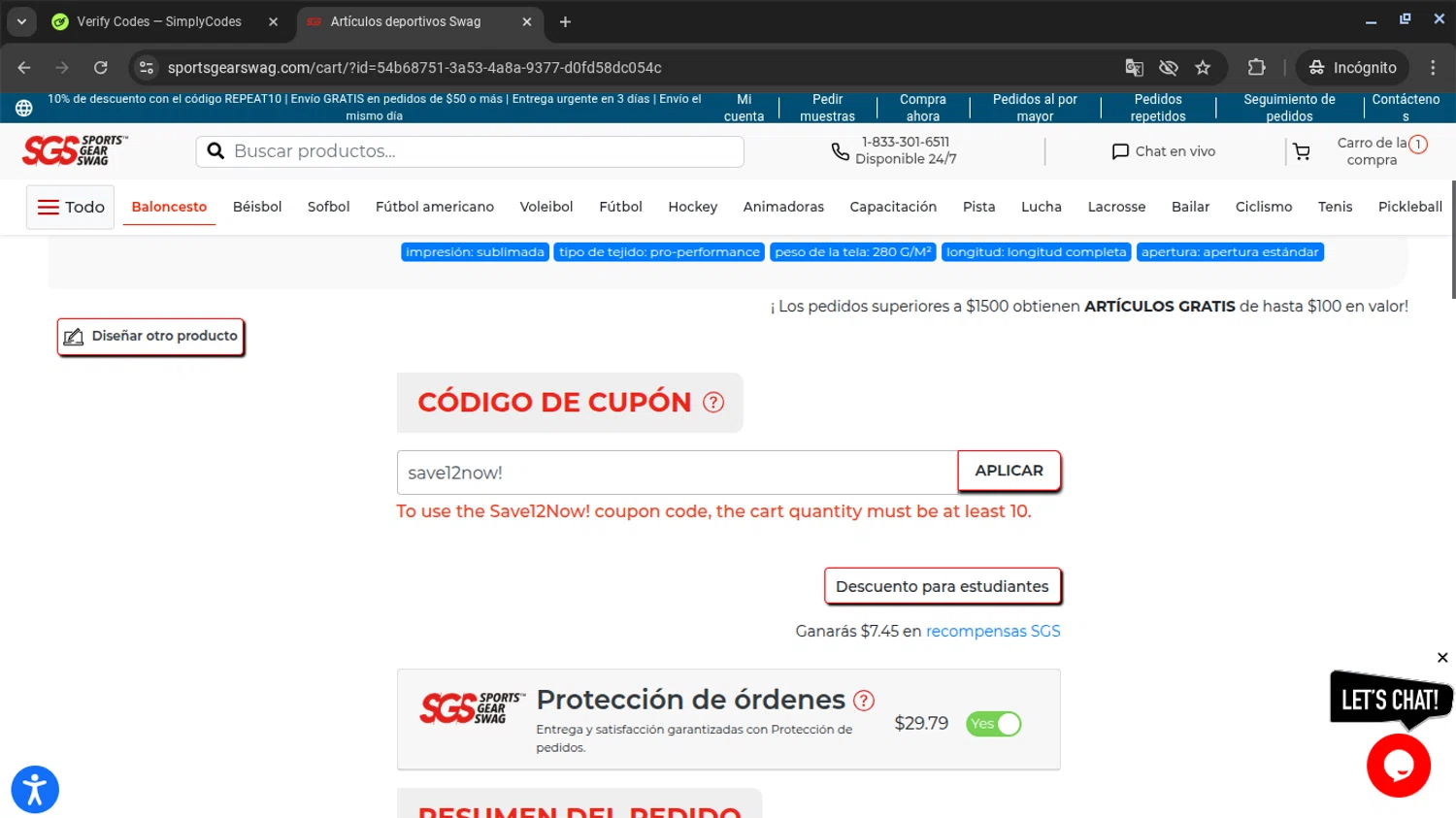 Sports Gear Swag coupon code screenshot showing code save12now! applied at Sports Gear Swag checkout page. Uploaded by SimplyCodes community member pequenokalvin5 on Nov 28, 2025