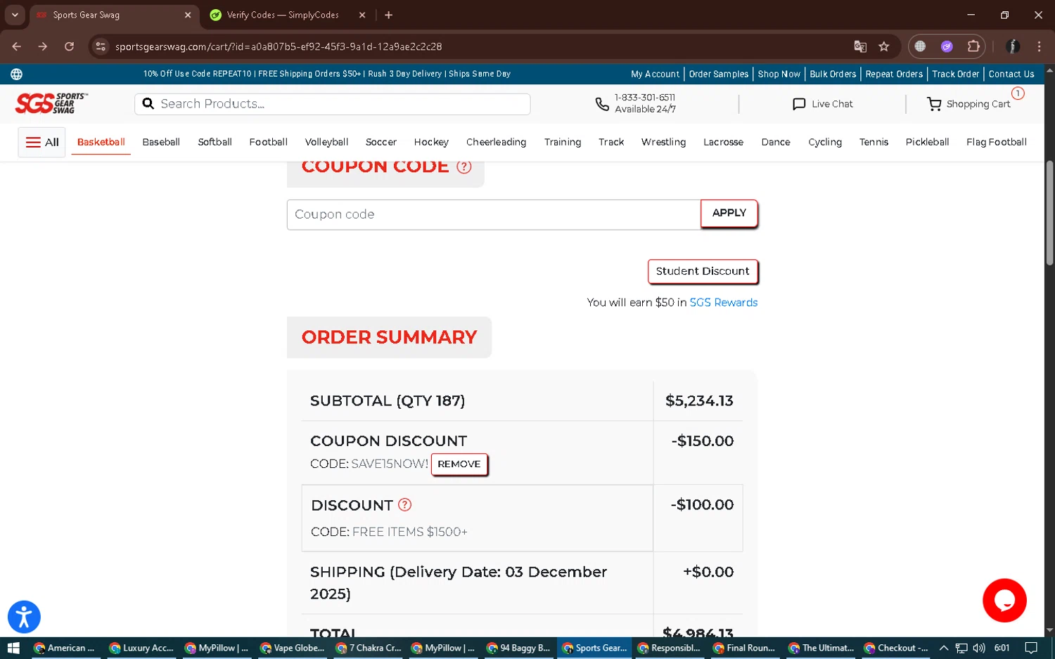 Sports Gear Swag coupon code screenshot showing code save15now! applied at Sports Gear Swag checkout page. Uploaded by SimplyCodes community member alexdaal on Nov 21, 2025