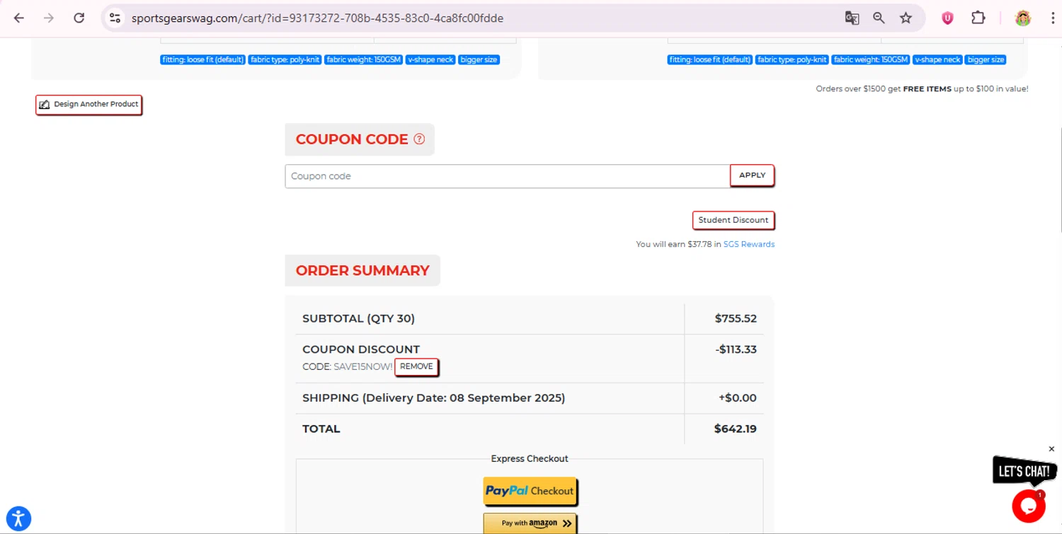 Sports Gear Swag coupon code screenshot showing code save15now! applied at Sports Gear Swag checkout page. Uploaded by SimplyCodes community member laurachirinos on Aug 28, 2025