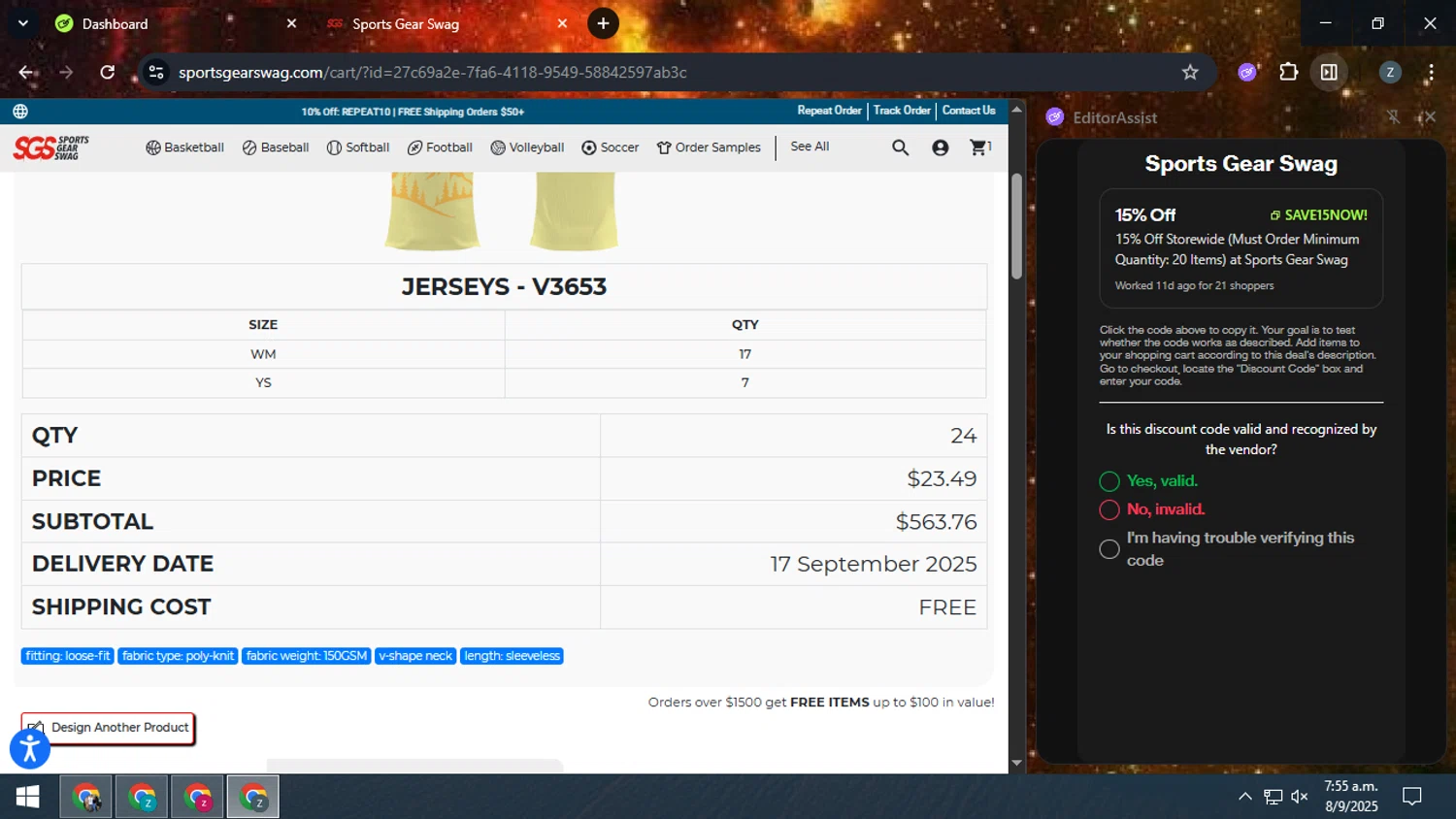 Sports Gear Swag coupon code screenshot showing code save15now! applied at Sports Gear Swag checkout page. Uploaded by SimplyCodes community member zadquiel on Sep 8, 2025