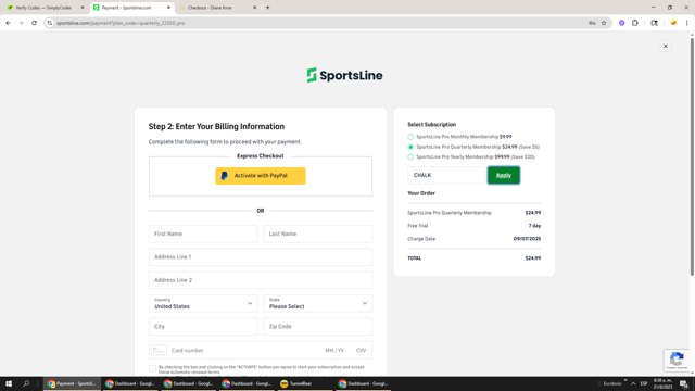 SportsLine checkout page showing SportsLine coupon code box | Screenshot taken by SimplyCodes community member on Aug 31, 2025