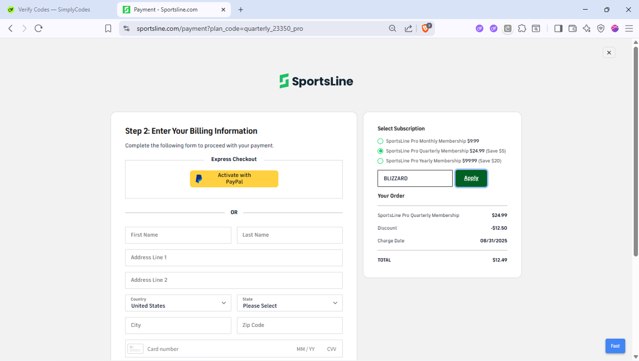 SportsLine checkout page showing SportsLine coupon code box | Screenshot taken by SimplyCodes community member on Aug 31, 2025