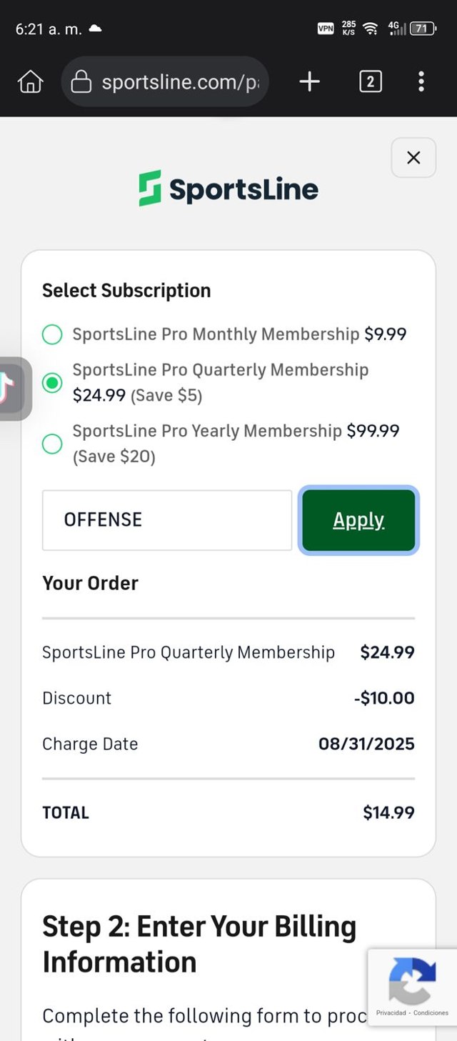 SportsLine checkout page showing SportsLine coupon code box | Screenshot taken by SimplyCodes community member on Aug 31, 2025