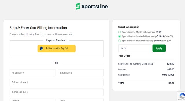 SportsLine checkout page showing SportsLine coupon code box | Screenshot taken by SimplyCodes community member on Aug 31, 2025