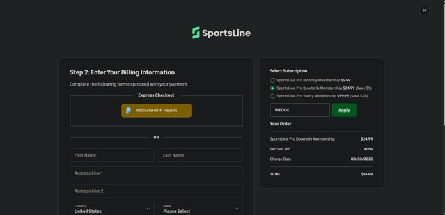 SportsLine checkout page showing SportsLine coupon code box | Screenshot taken by SimplyCodes community member on Aug 23, 2025