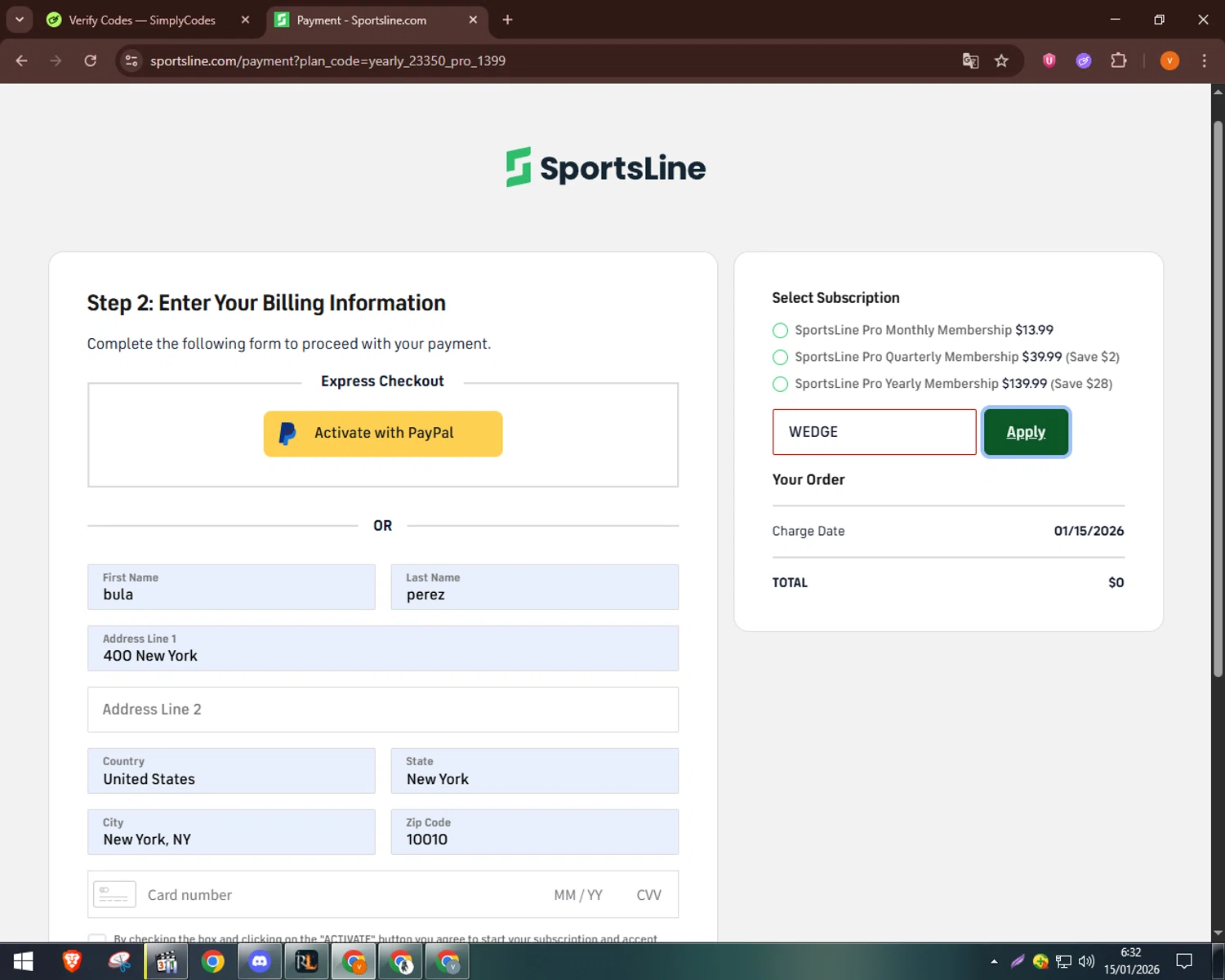 SportsLine promo code screenshot showing code WEDGE applied at SportsLine checkout page. Uploaded by SimplyCodes community member bulbasaur69 on Jan 15, 2026